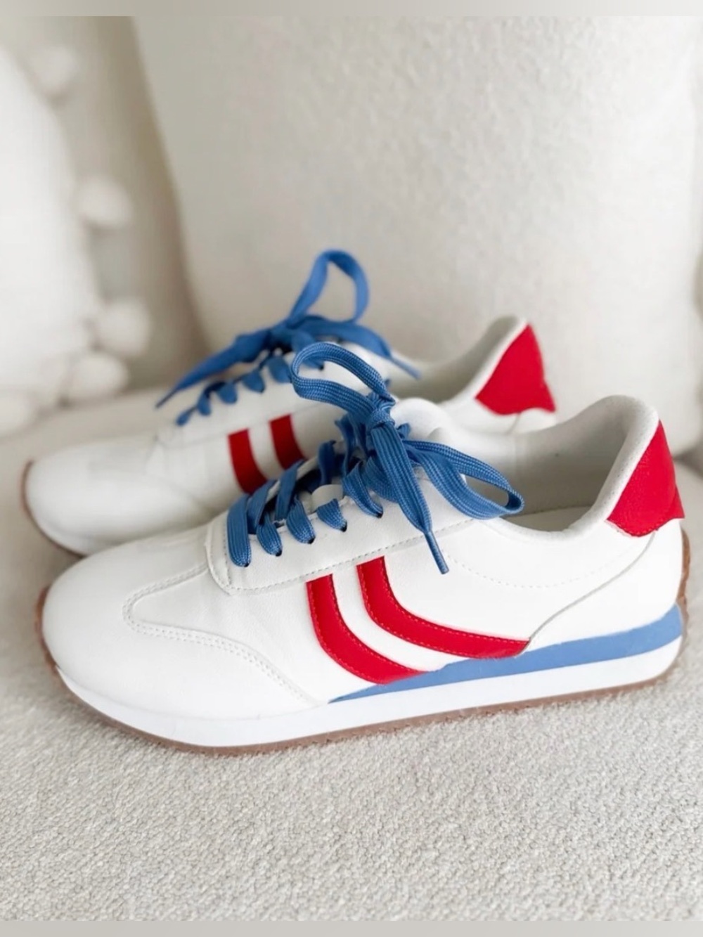 Corkys White Sneakers with Red Accents and Blue Laces